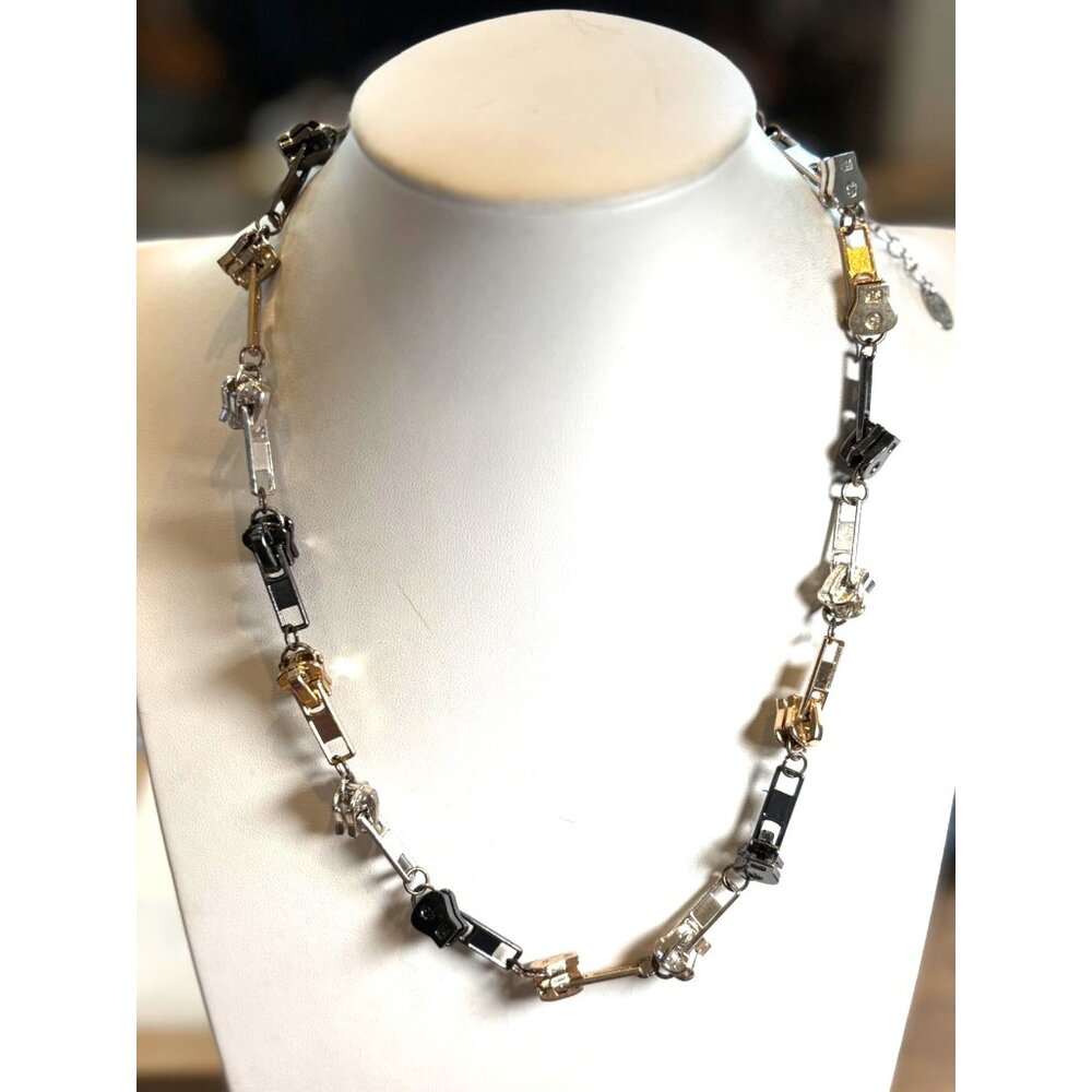 Zipper Charm Necklace In Mixed Silver Gold & Black Metal Design With Adjustable